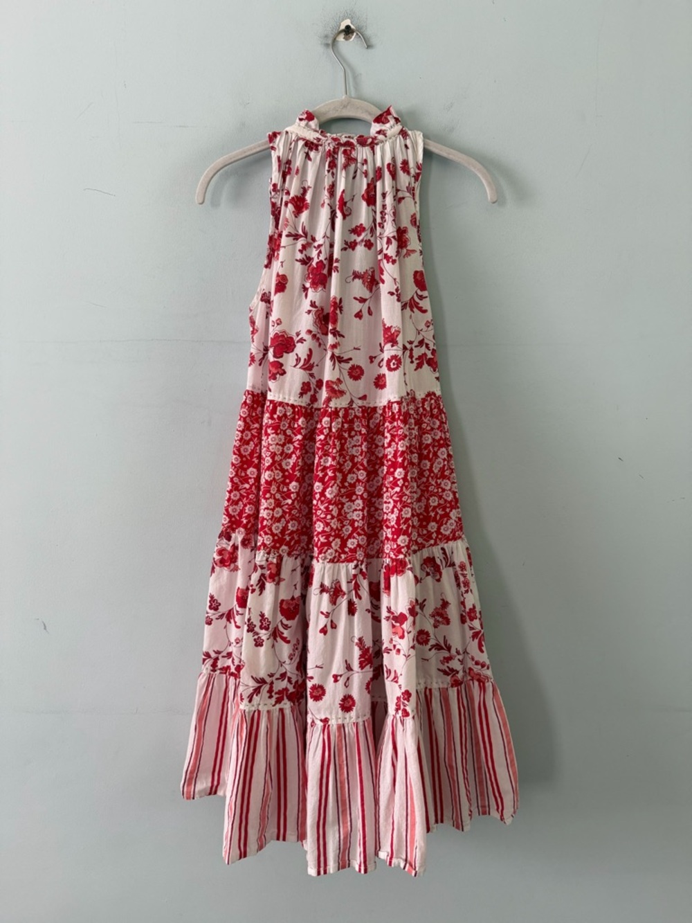 Ro’s Garden Anthro Sofia Red White Floral Sleeveless Tiered Boho Mini Dress - Picture 3 of 6